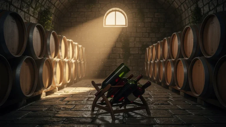 Cave vieillissement vin traditionnelle en pierre avec barriques en chêne et ambiance chaleureuse