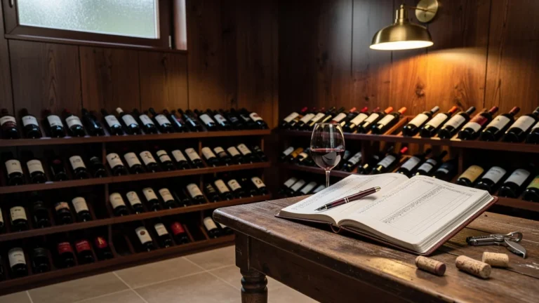 Intérieur hyper-réaliste d'une cave à vin domestique illustrant la consommation annuelle de vin