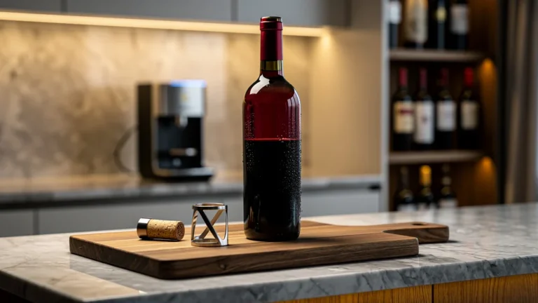 Bouteille de vin ouverte conservée avec bouchon et accessoires sur plan de travail en cuisine moderne