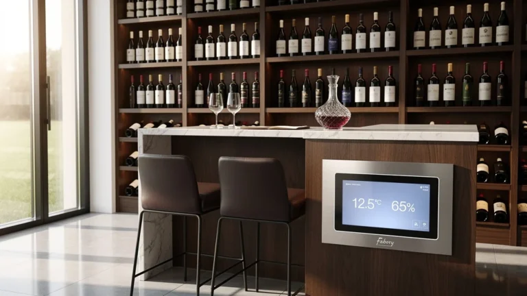 Salle de cave à vin domestique moderne et élégante avec rangements Fabory en bois sombre et lumière naturelle