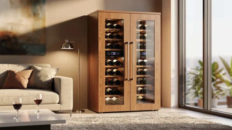 Salon moderne avec une armoire à vin élégante et fonctionnelle intégrée dans la décoration intérieure