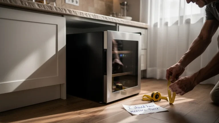 Cuisine moderne avec niche trop petite, cave à vin renvoyée, perte de 120 euros visible dans la scène