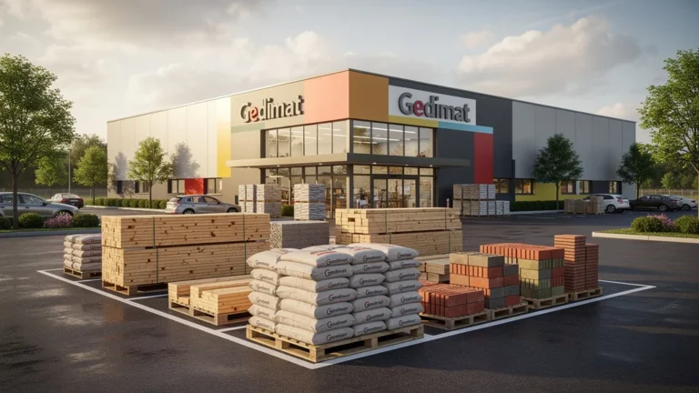 Façade hyper-réaliste du magasin Gedimat à Tignieu avec matériaux de construction en extérieur sous lumière naturelle