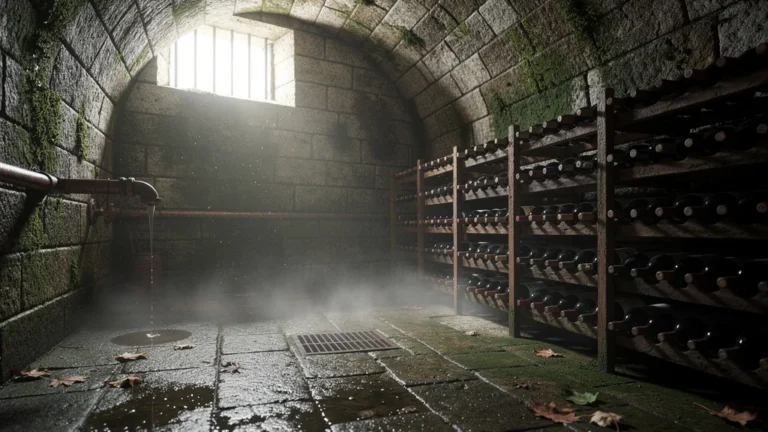 Humidité dans une cave enterrée avec murs en pierre et condensation visible sur les bouteilles et surfaces