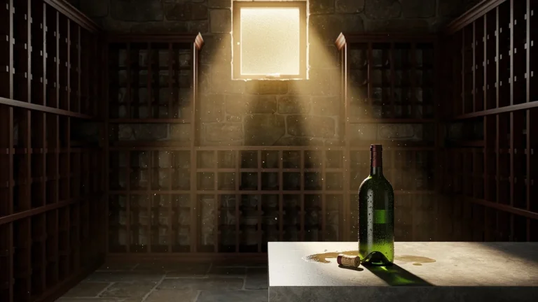 Intérieur hyper-réaliste d’une cave à vin vide sans magnums dans les clayettes en bois