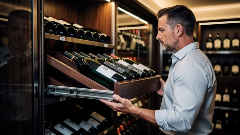 Vue hyper-réaliste d’une clayette coulissante dans une cave à vin domestique moderne