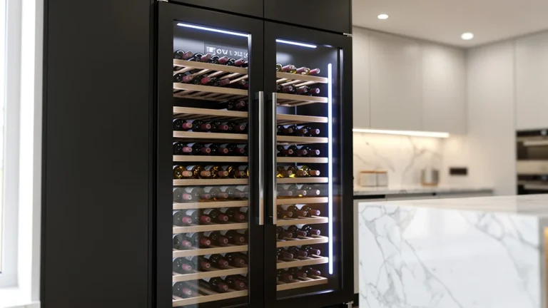 Meuble cave à vin réfrigérée moderne en bois et verre dans cuisine contemporaine, éclairage LED bleu