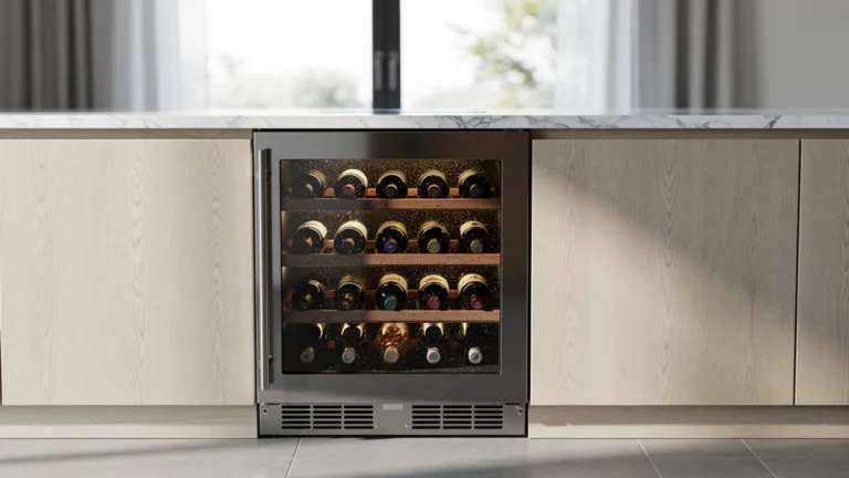 mini cave à vin encastrable intégrée dans cuisine moderne en bois clair et verre, éclairage LED chaud