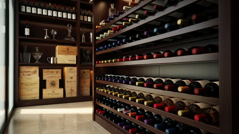 Rangement de bouteille de vin moderne en bois avec bouteilles soigneusement alignées dans une cave élégante