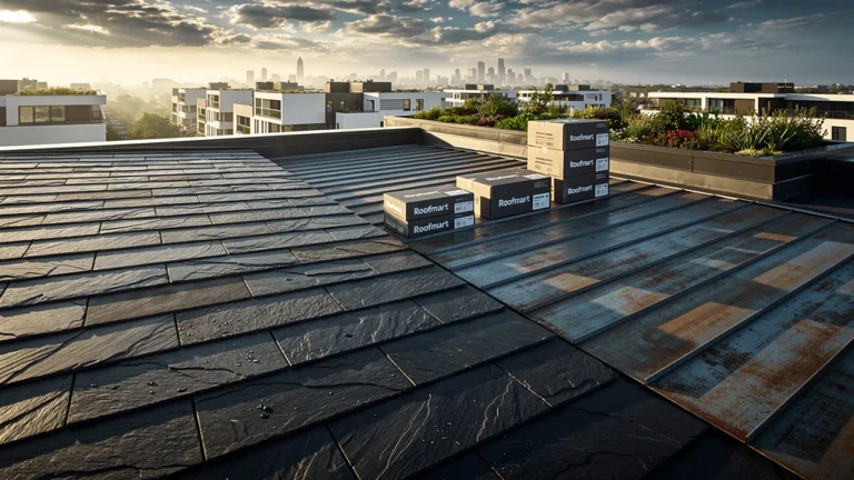 Toiture moderne et matériaux de toiture de haute qualité Roofmart en lumière naturelle dorée