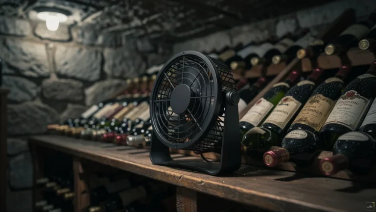 Petit ventilateur dans une cave à vin domestique pour brasser l'air et préserver les bouteilles
