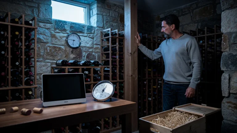 Intérieur réaliste d'une cave à vin domestique pendant une coupure de courant de deux jours