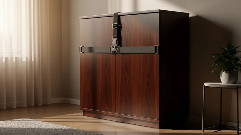 Sangle anti-bascule sécurisant une armoire à vin en bois dans un salon moderne pour enfants
